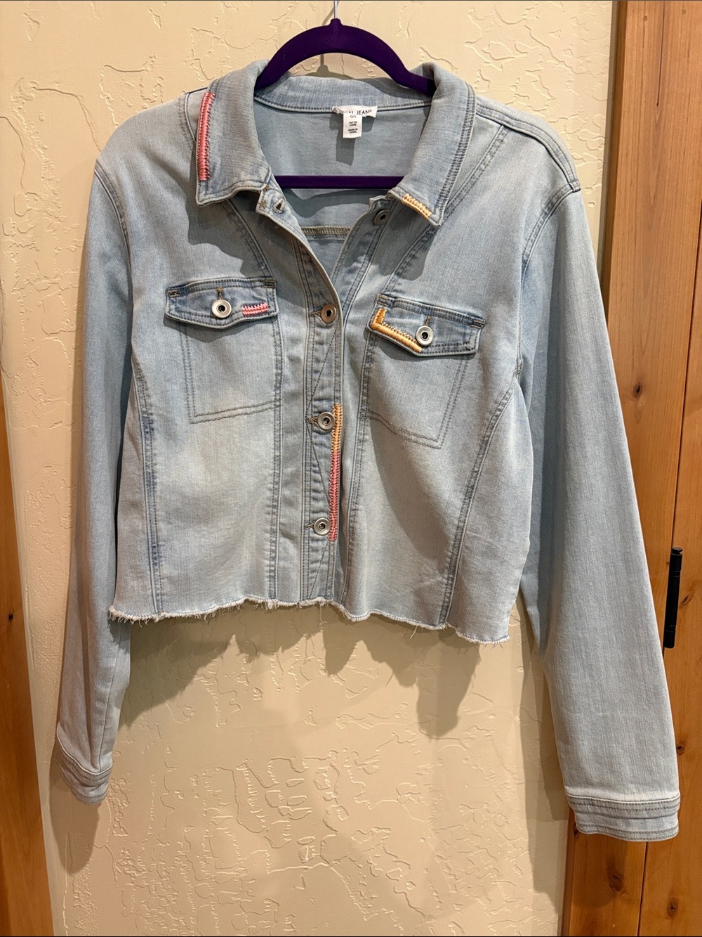 Tribal Jeans Light Blue Denim Cropped Jacket with Pastel Stitching Size L NEW